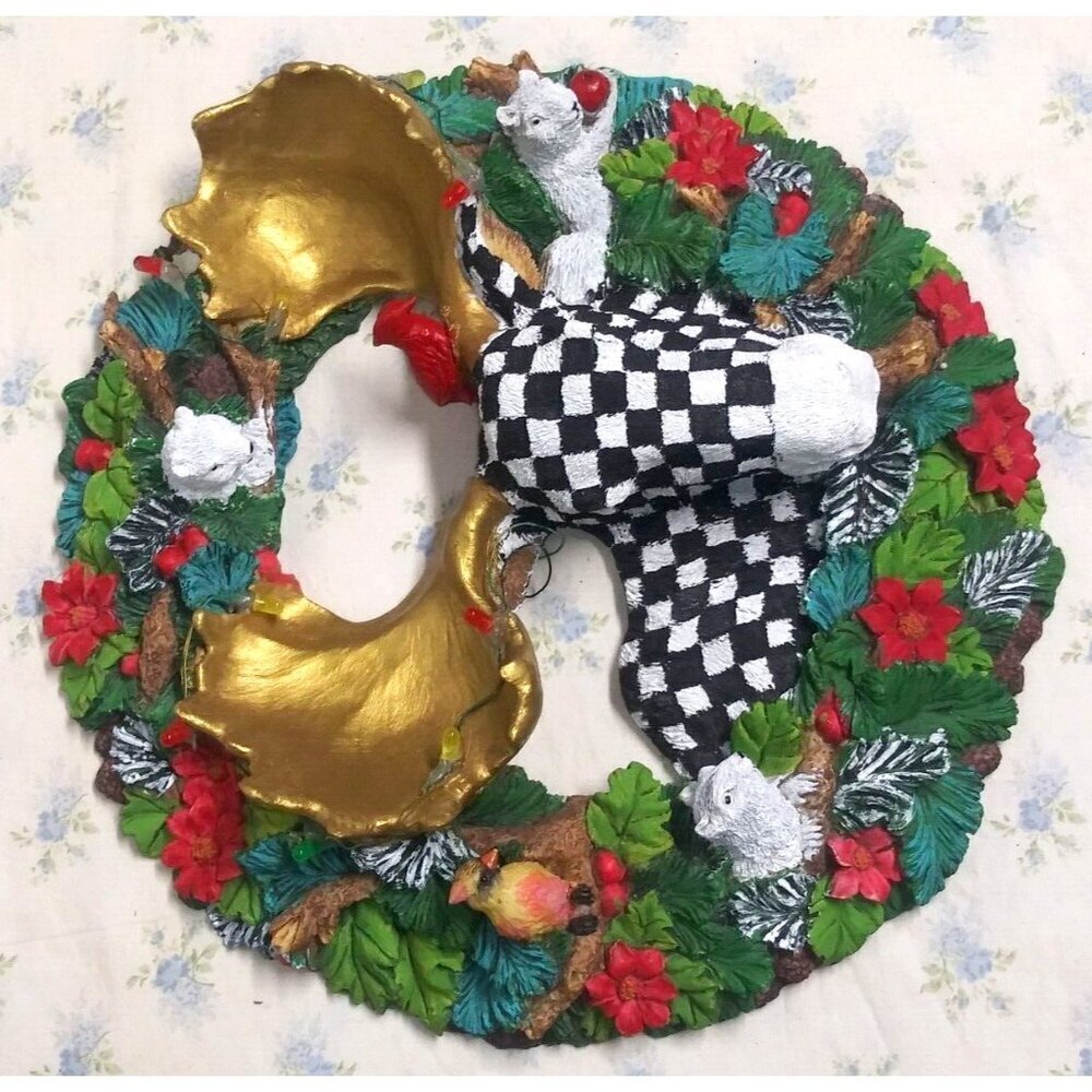 Christmas Wreath CHECKERED Whimsical resin 3D Moose squirrels cardinals OOAK
